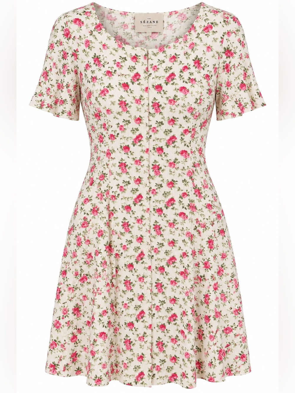 Sézane Floral Rose Ribbed Button Front Mini Dress L